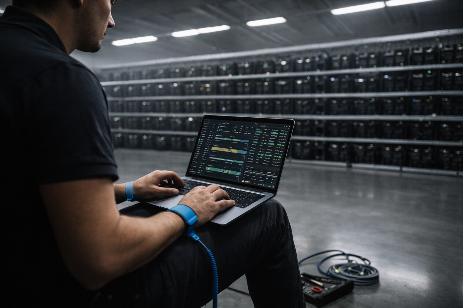 A person is seated in a data center, working on a laptop that displays trading data. The background features rows of servers, indicating a technological environment.