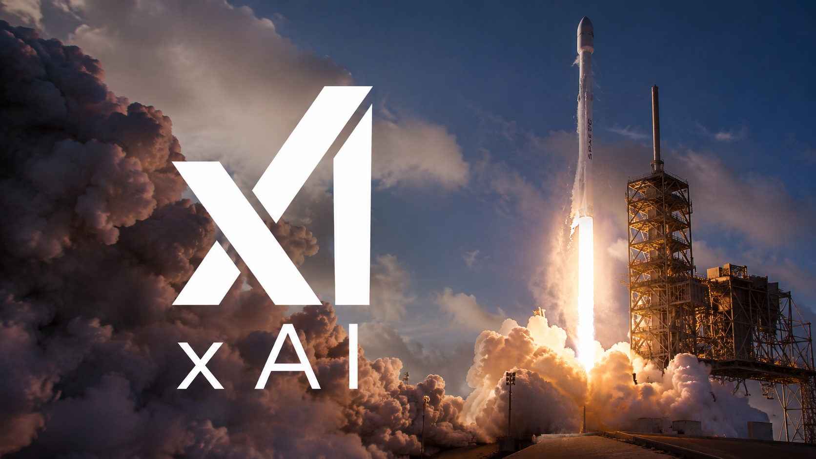 A rocket launches from a launch pad, surrounded by billowing clouds of smoke and steam. The image features a prominent logo for xAI in the foreground.
