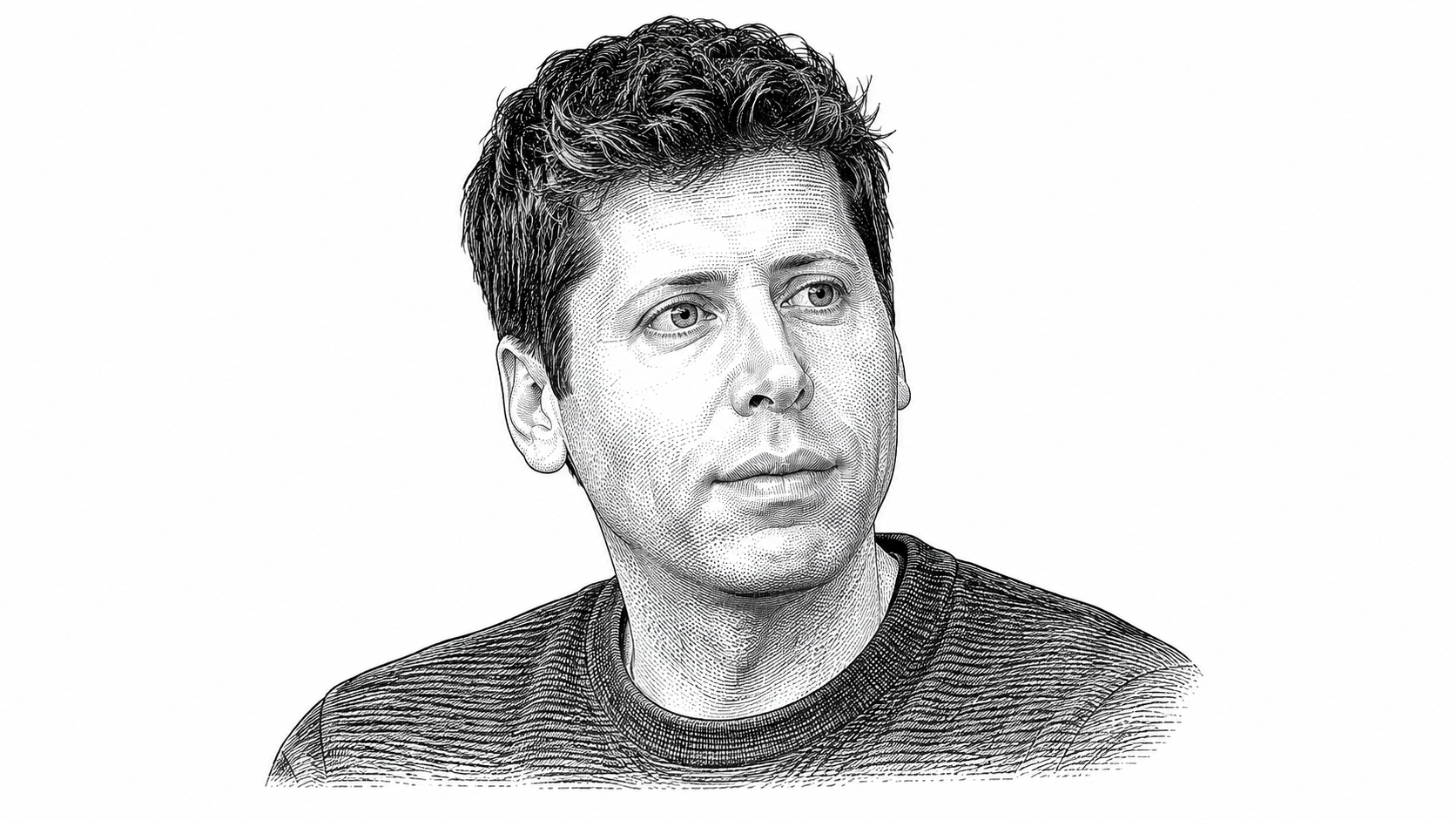 A sketched portrait of a man with curly hair, wearing a striped sweater. The artwork captures the subject's thoughtful expression, highlighting features such as his eyes and lips.